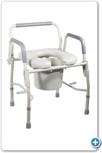Puede ser colocado sobre un WC o utilizado como
inodoro portátil de manera independiente.
Estructura de acero esmaltado en color gris.
Ancho del asiento: 18”.
Asiento abatible, acojinado y tapizado en vinil.
Cubeta con tapa removible.
Descansabrazos abatibles y acojinados.
Regatones antiderrapantes.
Soporta 130 kg.
