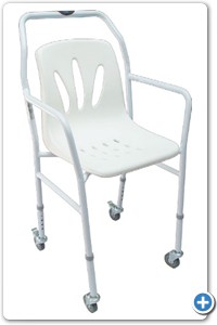 Estructura fija de acero con pintura
electrostática esmaltado en color blanco.
Silla de plástico en color blanco.
Orificios para el rápido drenado.
Descansabrazos rectos y fijos.
4 ruedas giratorias, con freno en las
ruedas traseras.
